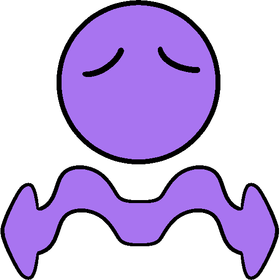 A purple circle with concerned eyebrows above a double headed, waving purple arrow. 